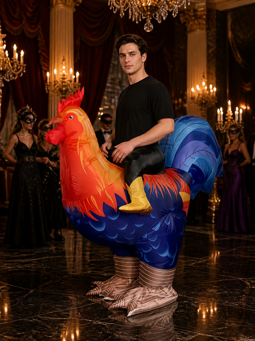 Adult Rooster Costume With Large Tail And Red Comb, Feather Texture Halloween Costumes detail