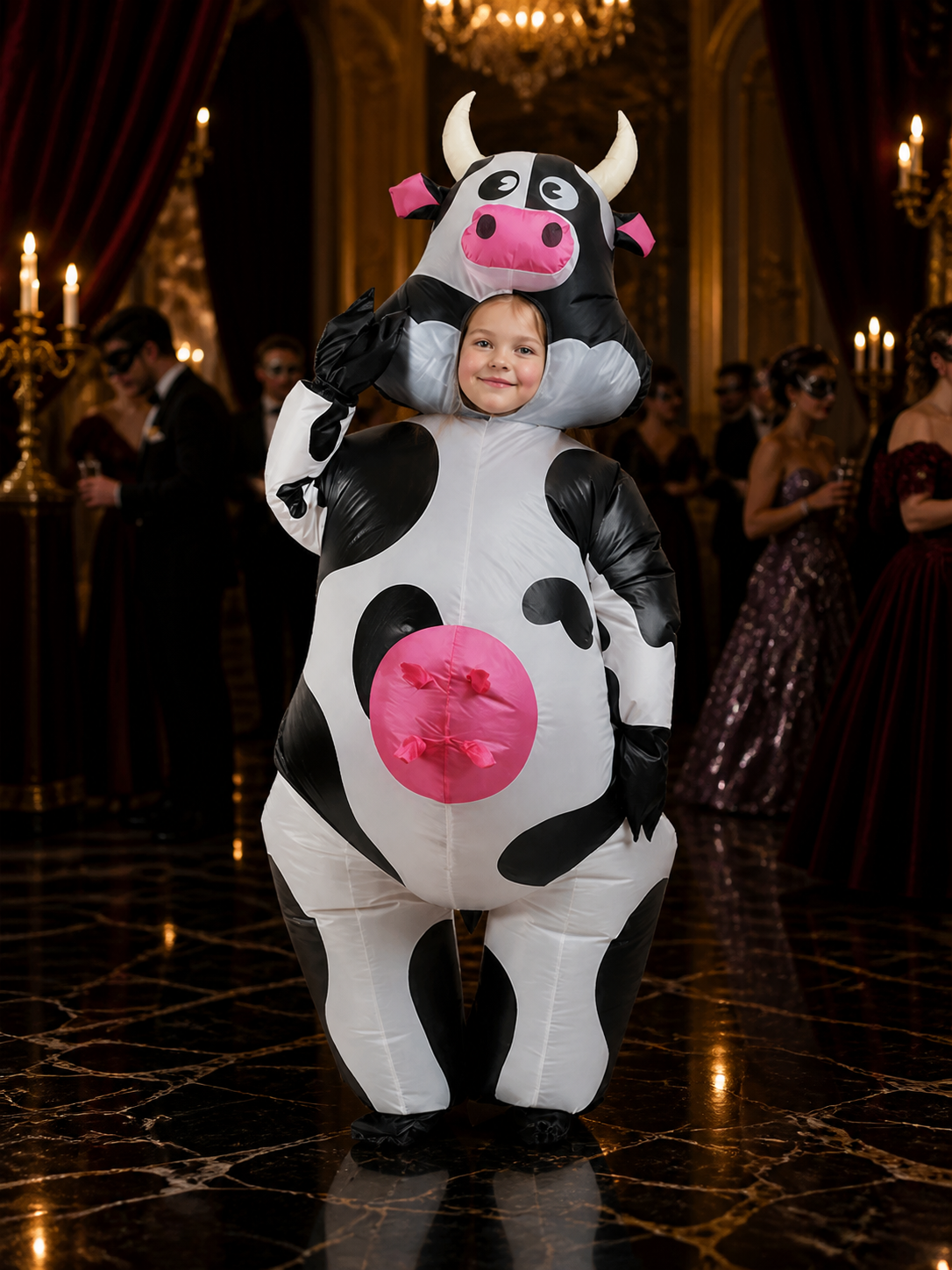 Kids Inflatable Cow Costume Bodysuit with Horned Hood, Black and White Spotted Costumes detail