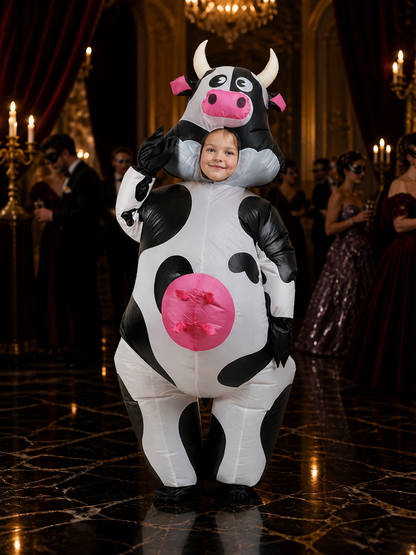 Kids Inflatable Cow Costume Bodysuit with Horned Hood, Black and White Spotted Costumes detail