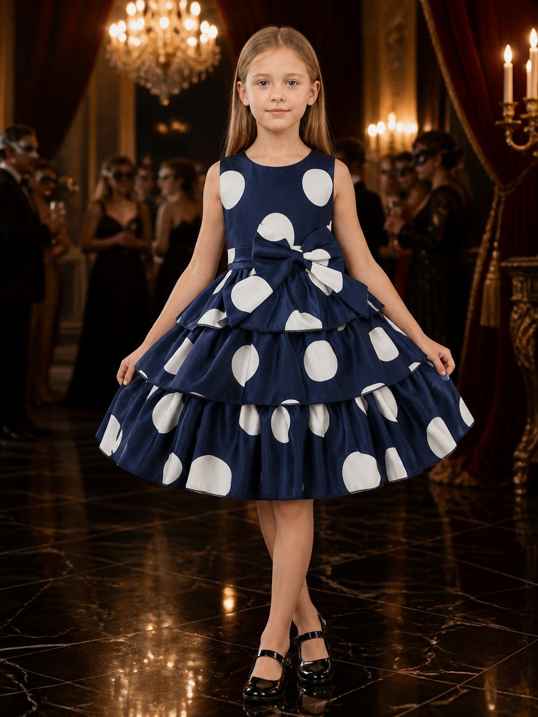Girls' Navy Polka Dot Princess Dress with Bow and Layered Ruffle Skirt Costume Dresses detail