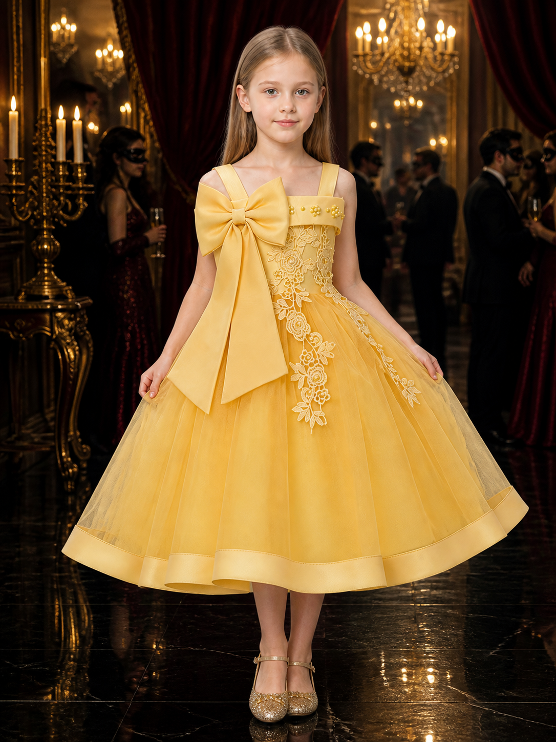 Girls' Princess Flower Girl Dress With Beaded Flowers, Lace Applique And Layered Costume Dresses detail