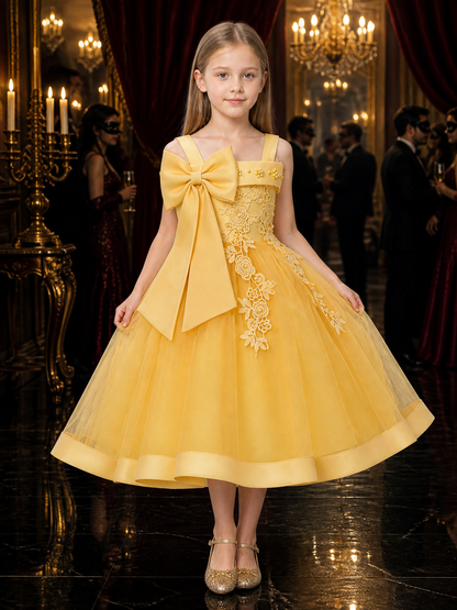 Girls' Princess Flower Girl Dress With Beaded Flowers, Lace Applique And Layered Costume Dresses detail