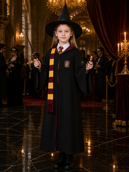 Wizard Costume Set With Hooded Robe, Hat, Scarf, Tie, Wand And Round Glasses Costume Headwear detail