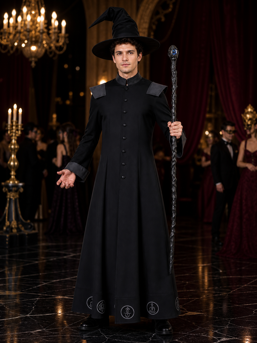Black Witch Robe Costume Set with Pointed Wide-Brim Hat and Printed Magic Costume Headwear detail