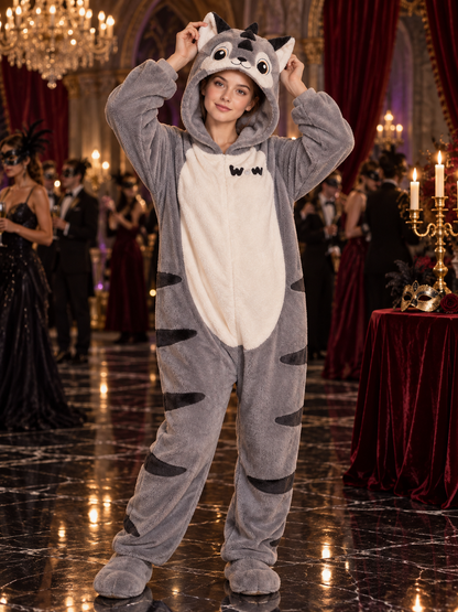 Gray hooded zip-up pajama jumpsuit with ears