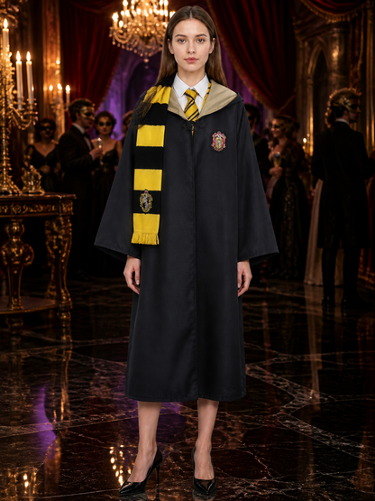 Wizard Cosplay Costume Set - Yellow and Black Hooded Robe, Tie & Scarf Costumes detail