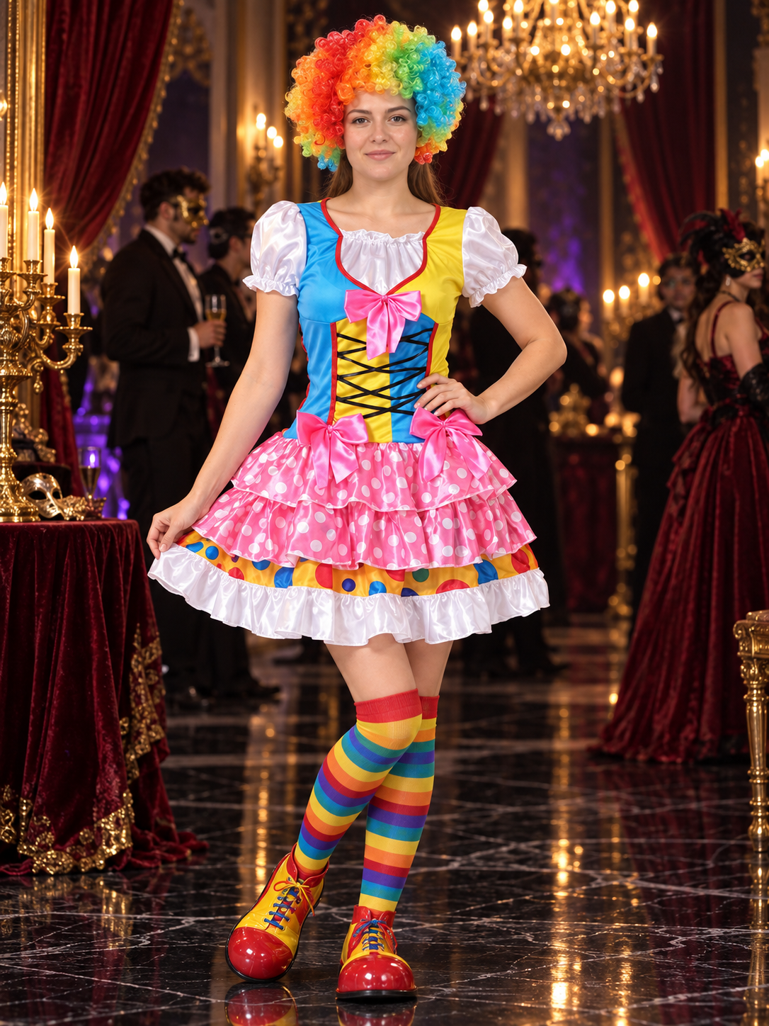 Adult Clown Costume Made of Satin with a Full Skirt and Bows
