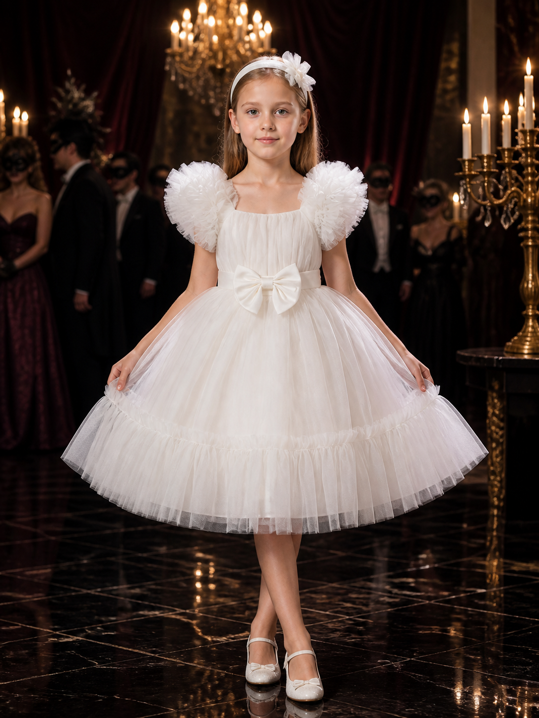 Toddler Girls' White Princess Dress with Puff Sleeves, Tulle Skirt and Bow Costume Dresses detail