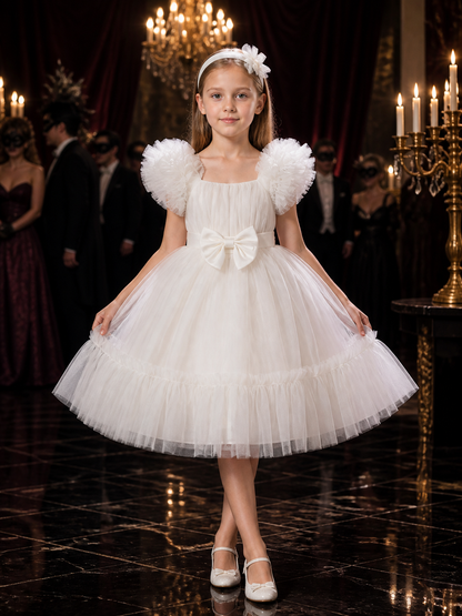 Toddler Girls' White Princess Dress with Puff Sleeves, Tulle Skirt and Bow Costume Dresses detail