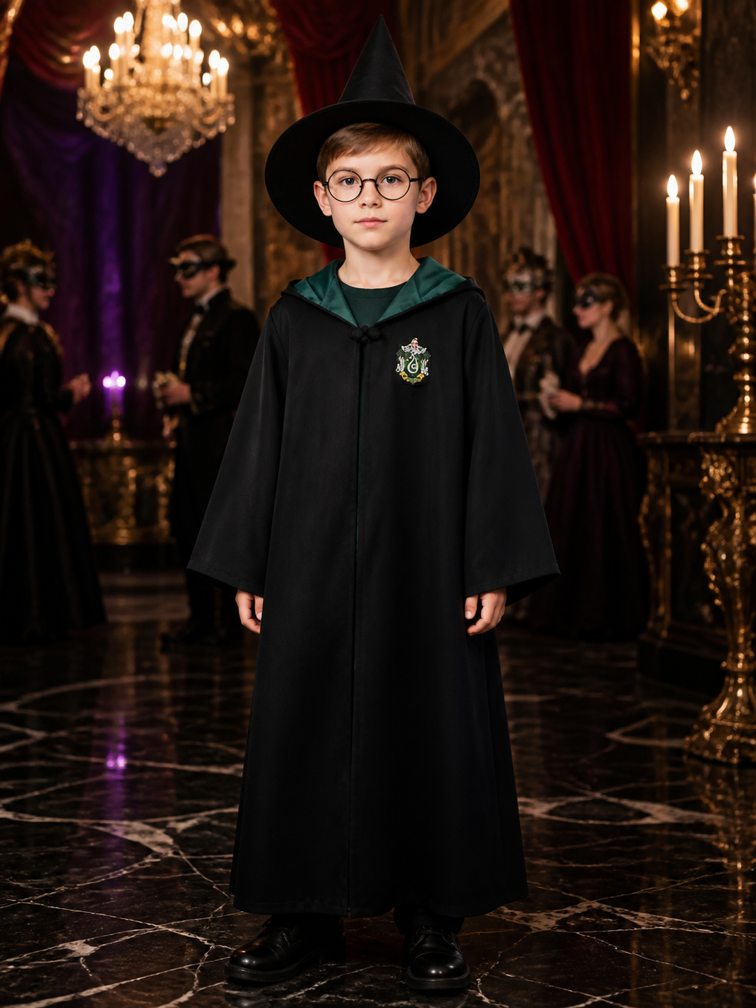Wizard Robe Costume, Green And Black Hooded Long Cloak With House-Style Badge Costume Capes detail