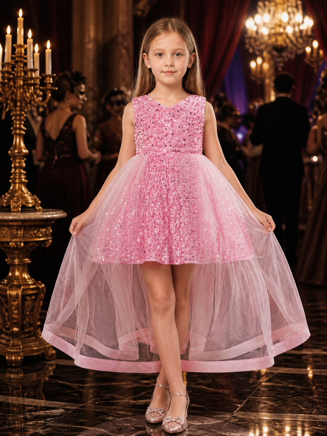 Girls' Pink Sequined Tulle Train Princess Dress, Sleeveless Flower Girl Gown Costume Dresses detail