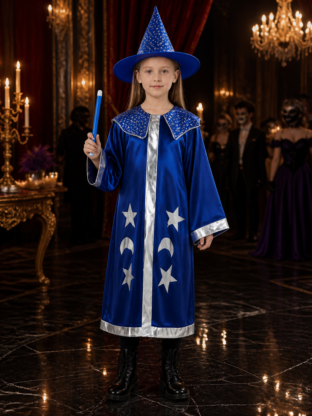 Wizard Costume Set with Blue Cape and Pointed Hat, Star and Moon Silver Trim for Costume Capes detail