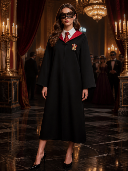Wizard Robe Costume Set, Hooded Long Cape with School Crest and Red Gold Striped Costume Capes detail