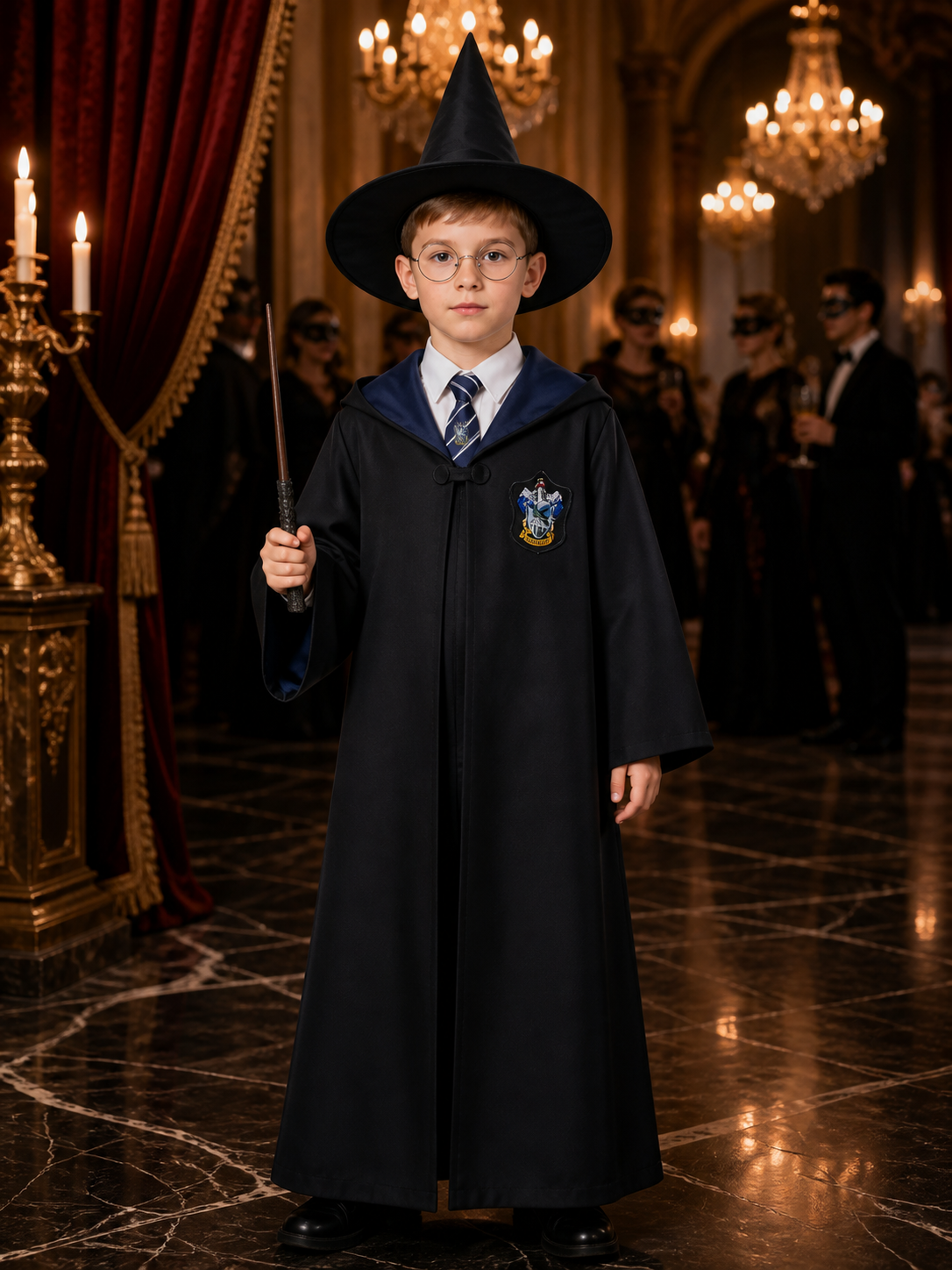 Wizard Costume Set With Hooded Robe, Pointed Hat, Wand, Tie And Glasses Costume Headwear detail