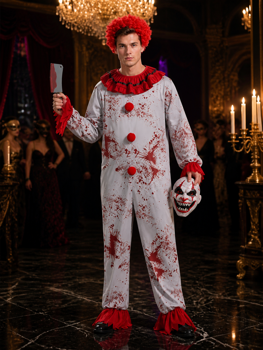 Scary Clown Bodysuit Costume with Blood Stains, Mask and Accessories for Costume Masks detail