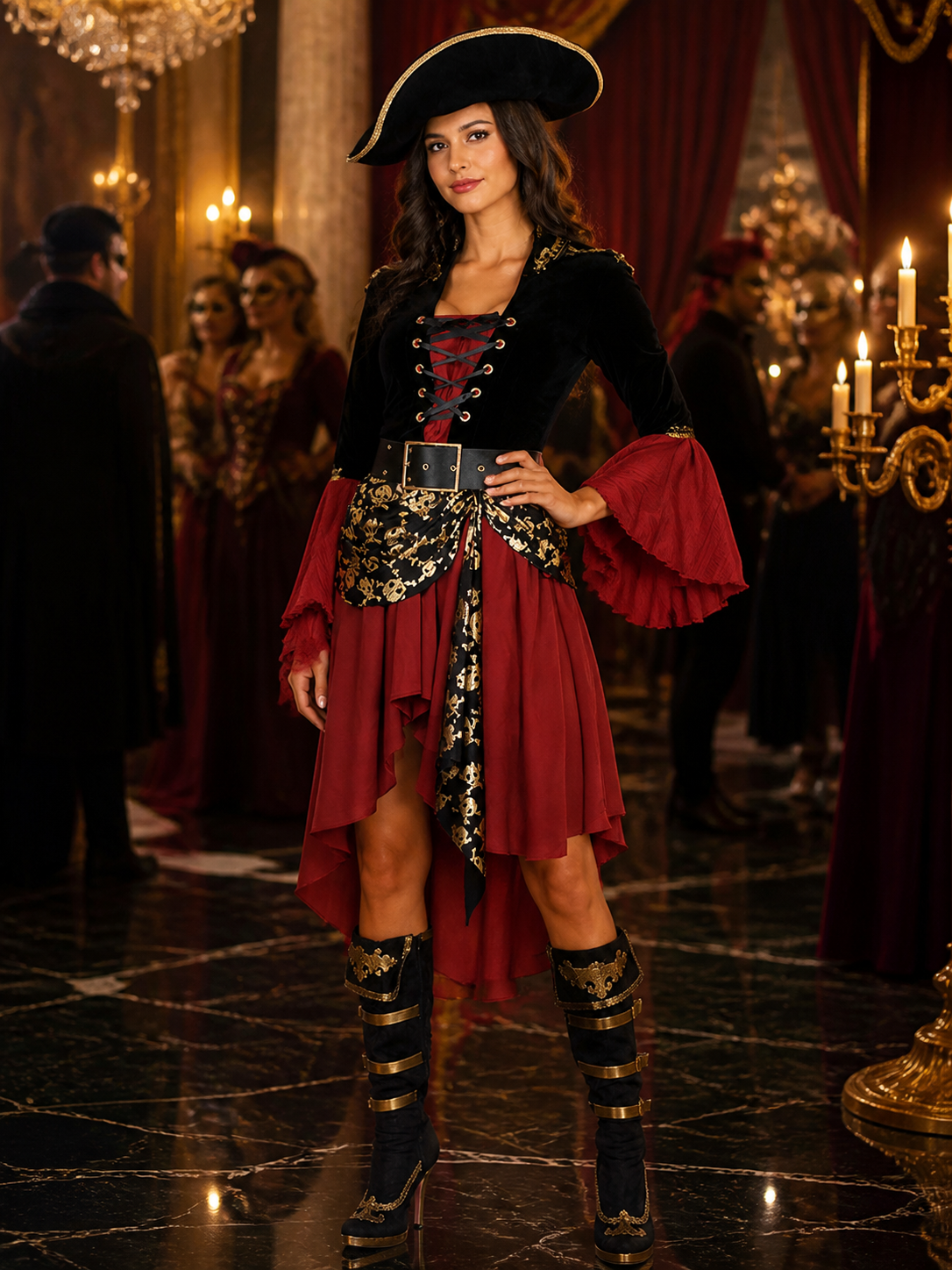 Women's Pirate Costume Dress Set, Red Black Gold, Lace-Up, Hat and Belt Costume Dresses detail