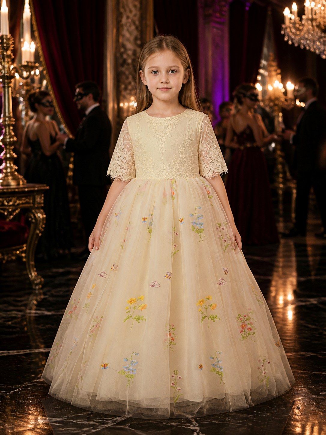 Girls' Princess Dress, Lace Bodice, Layered Tulle Skirt With Floral Butterfly Costume Dresses detail