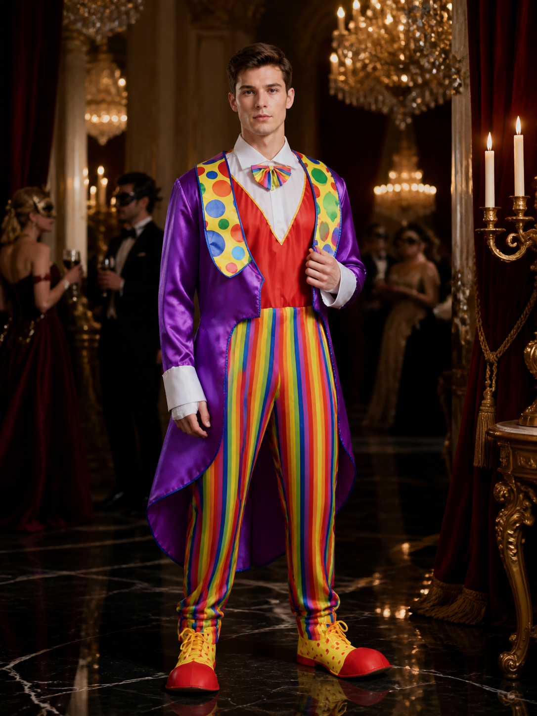 Adult Unisex Clown Halloween Costume Set with Colorful Striped Jumpsuit and Costumes detail