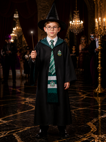 Green And Black Hooded Wizard Robe Costume Set With Hat, Glasses, Tie, Scarf And Costume Headwear detail