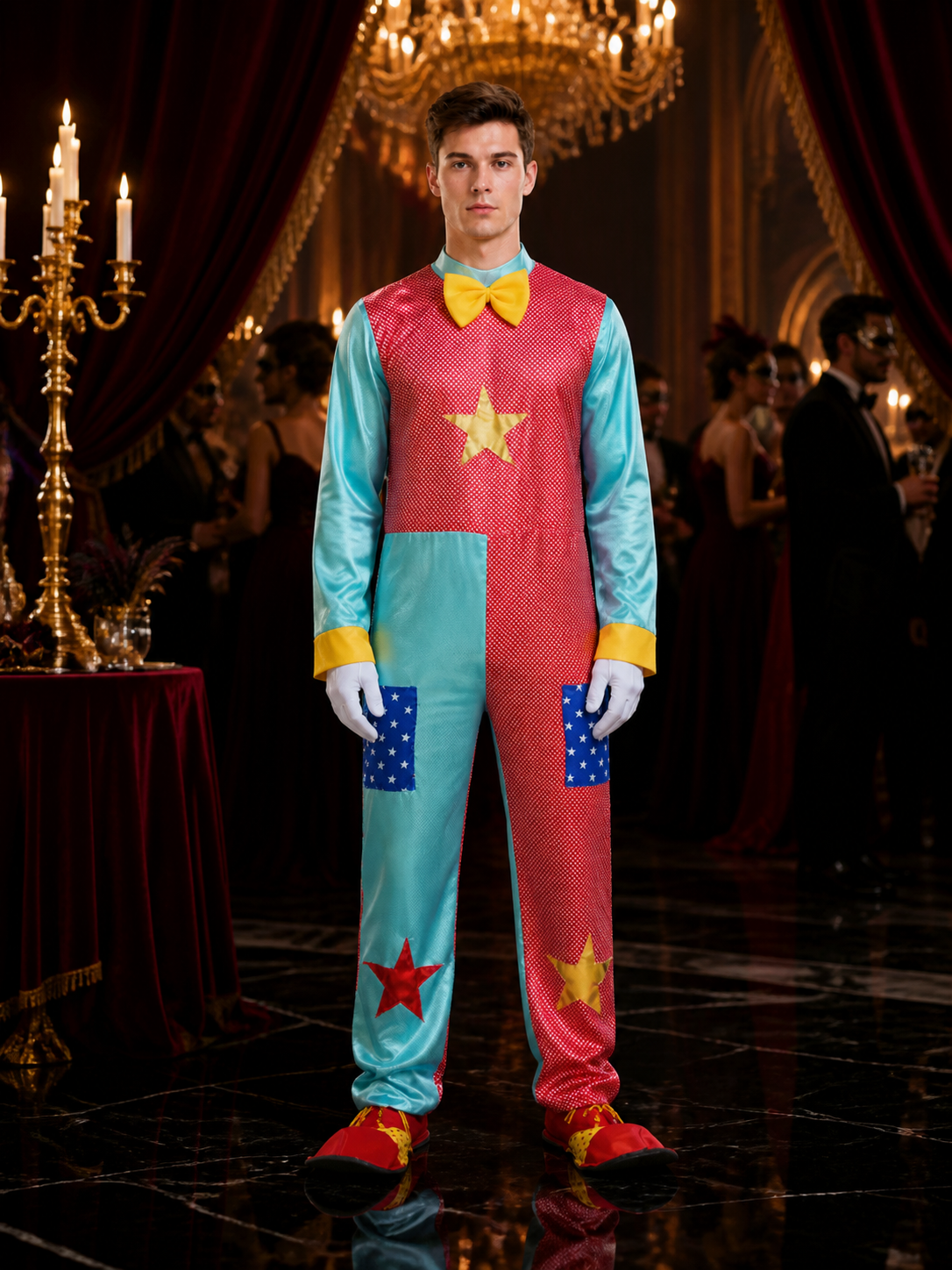Unisex Adult Clown Jumpsuit Costume, Red and Blue Star Pattern with Bow Tie for Costume Accessories detail