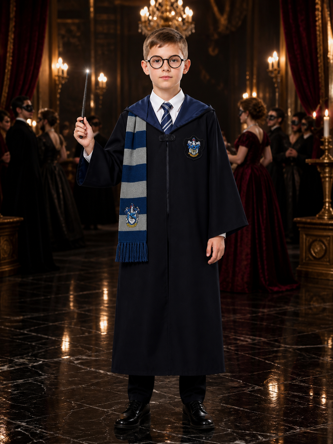 Ravenclaw Wizard Robe Costume Set, Hooded Long Robe with Tie, Scarf, Glasses and Costumes detail