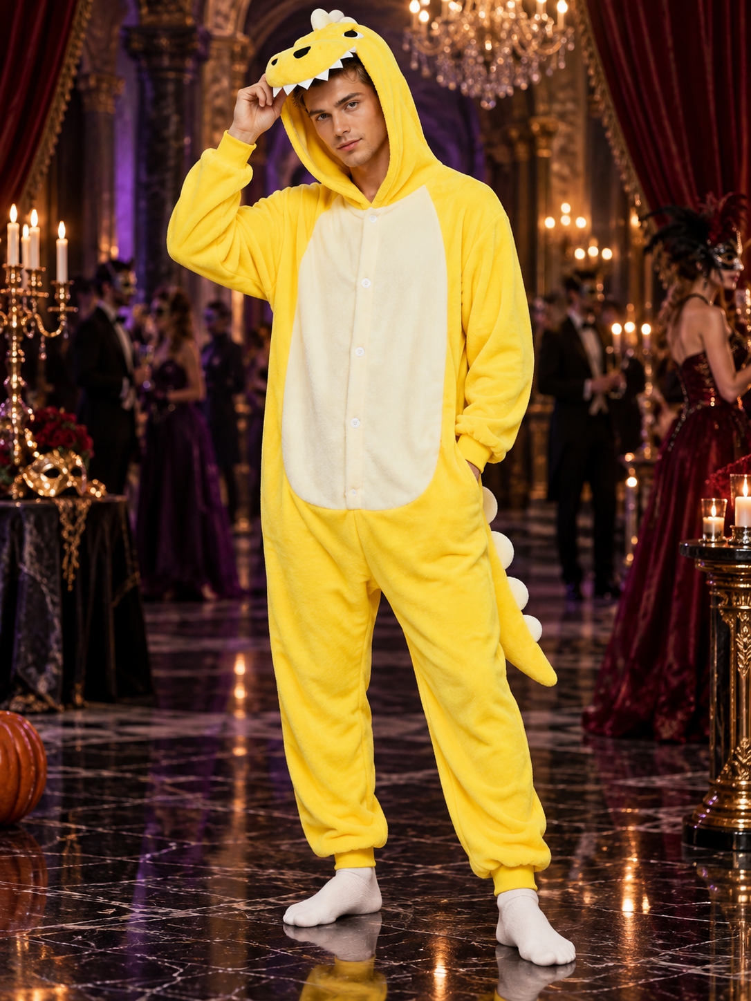 Kids' Dinosaur Kigurumi Pajama, Yellow, with Hood