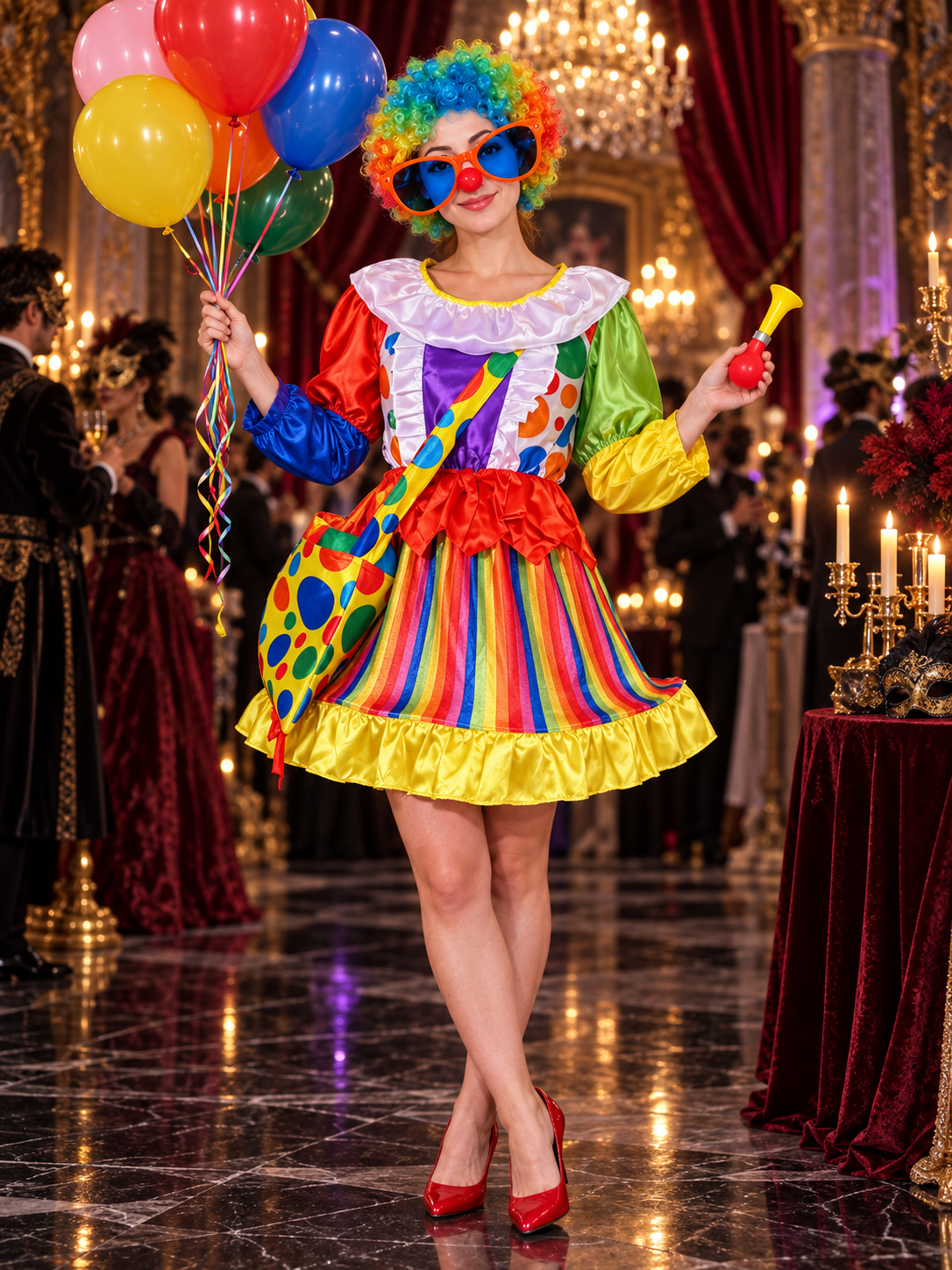 Clown Carnival Costume: Rainbow Dress and 9 Accessories
