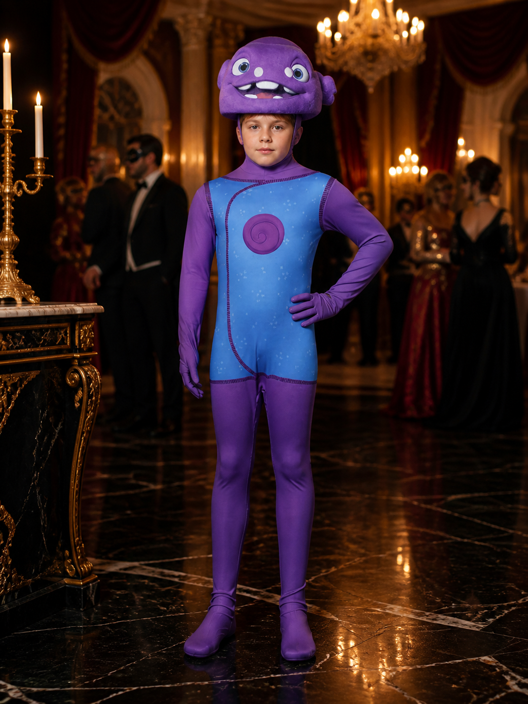 Kids Alien Onesie Costume with Mask, Purple Blue Polka Dot Print Bodysuit for