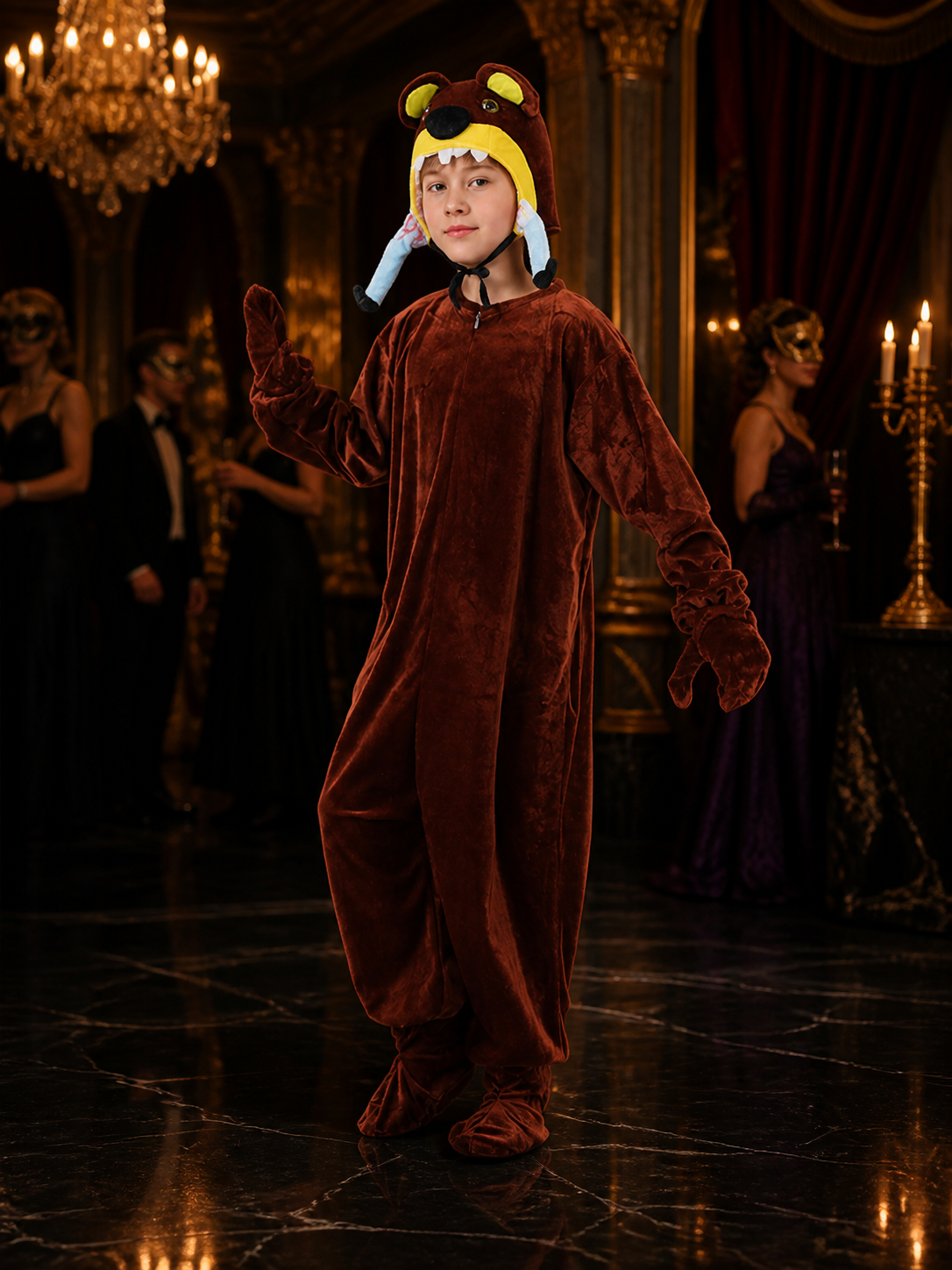 Kids Animal Onesie Costume, Brown Bear Hooded Jumpsuit with Paws for Halloween Costumes detail