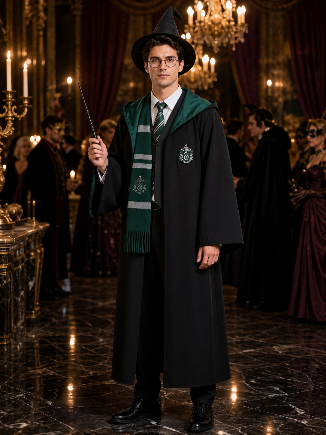 Men's Wizard Robe Costume Set, Hooded Academy Outfit With Hat, Tie, Scarf Costume Headwear detail