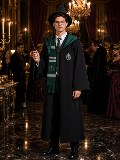 Men's Wizard Robe Costume Set, Hooded Academy Outfit With Hat, Tie, Scarf Costume Headwear detail