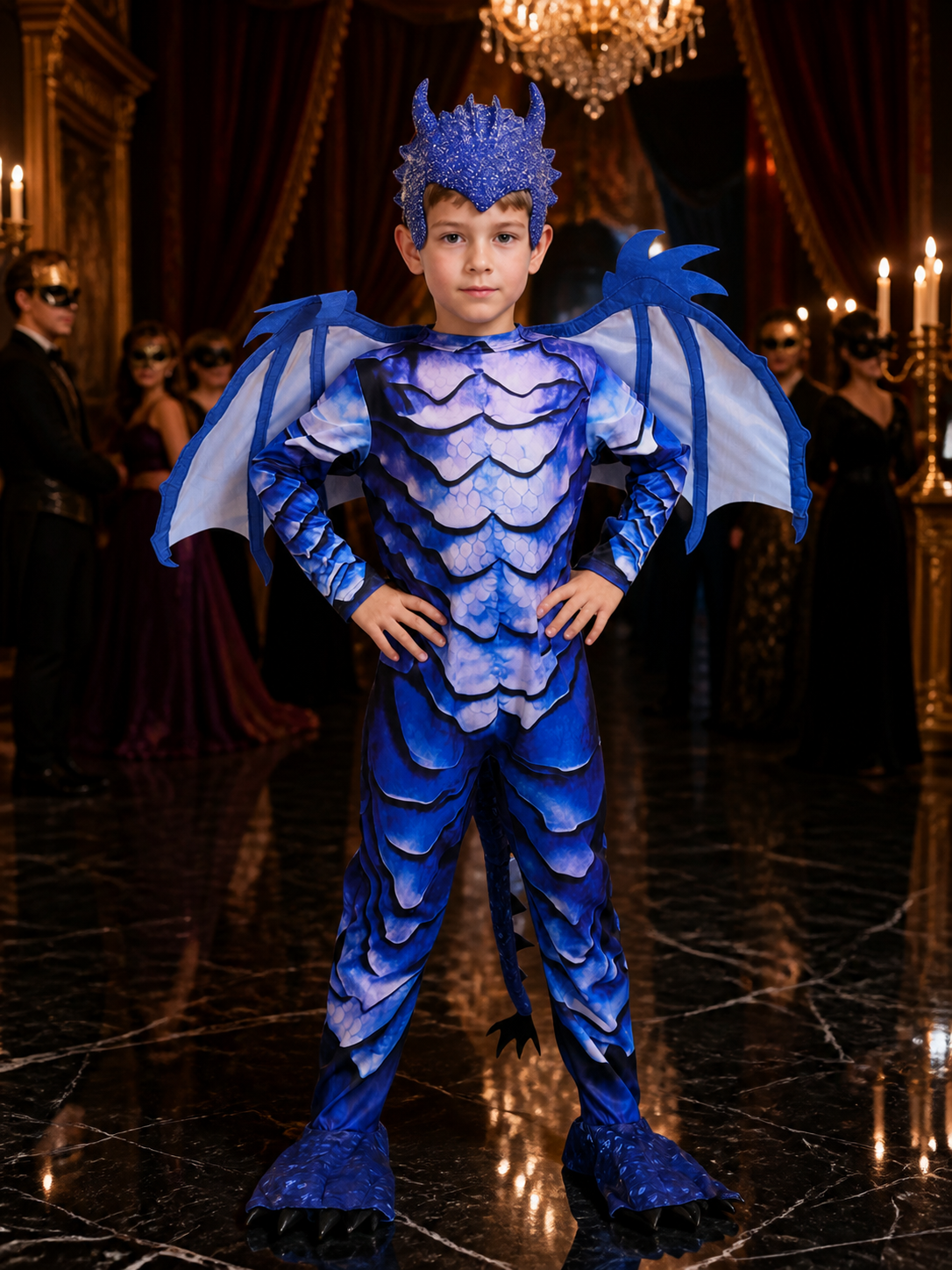 Kids Blue Dinosaur Jumpsuit Costume with Wings, Tail and Scales for Halloween Costumes detail