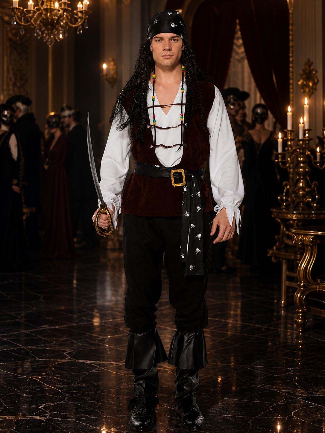 Pirate Costume with Vest, Belt, and Necklace for Halloween Costumes detail