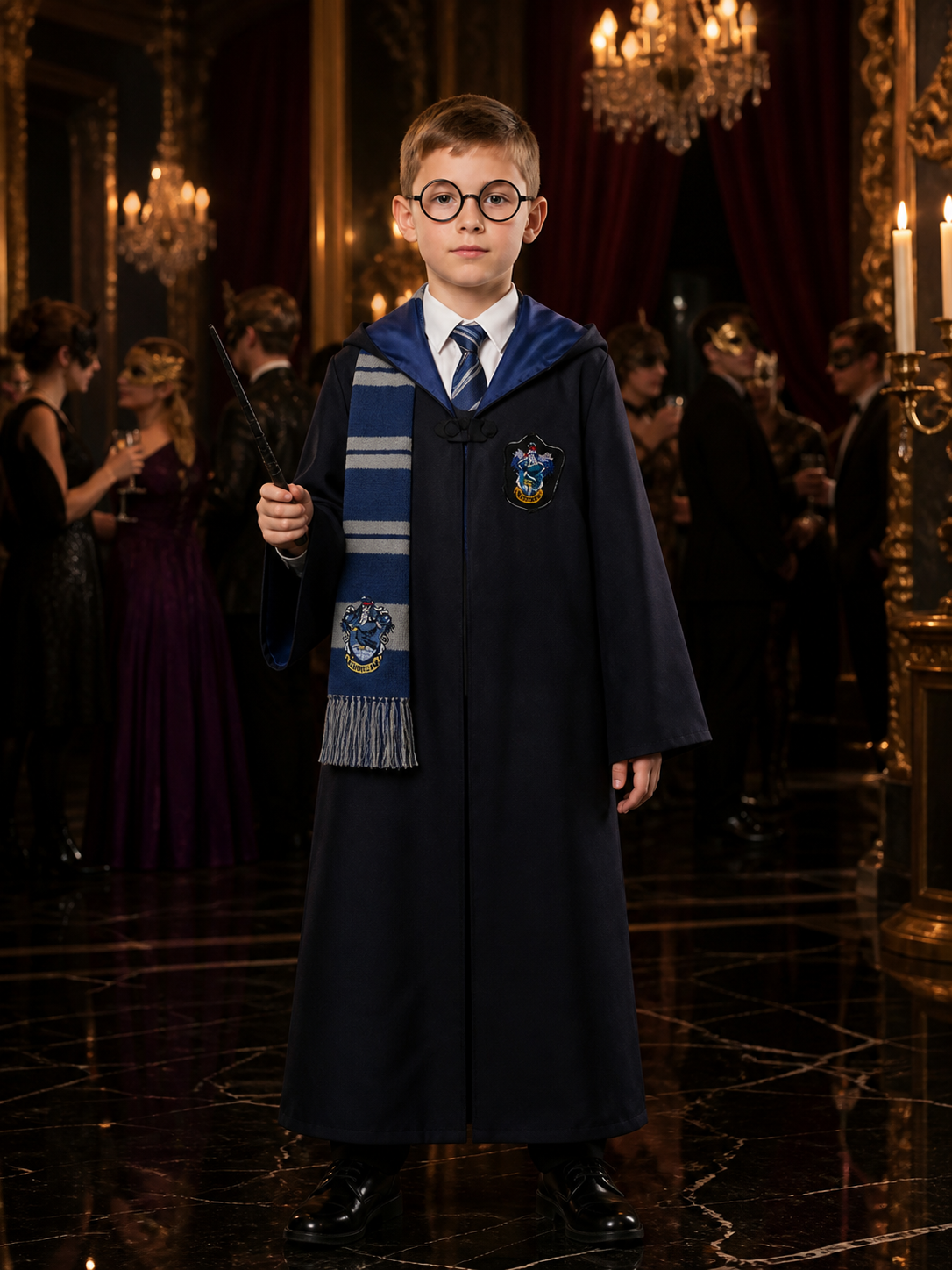 Kids Wizard Costume Set, Long Black Robe With Shawl Collar, Includes Tie, Scarf Costumes detail