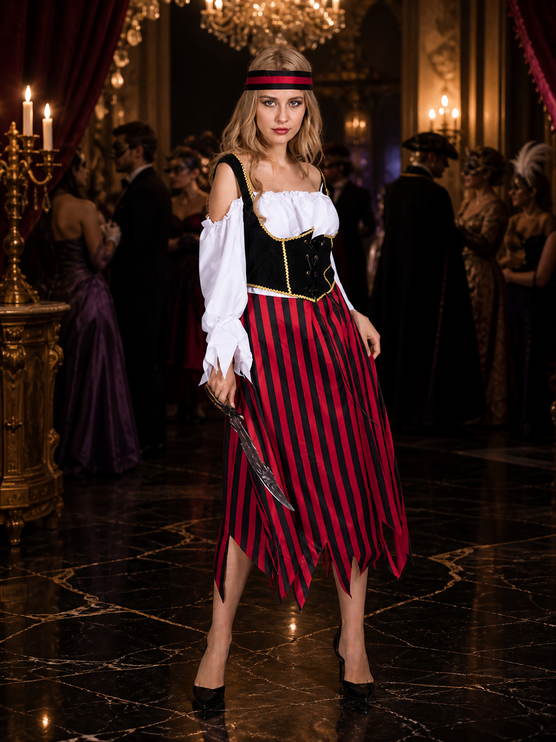 Women's Pirate Costume Set, Red Black Striped Dress with Gold Trim, Halloween Costume Dresses detail