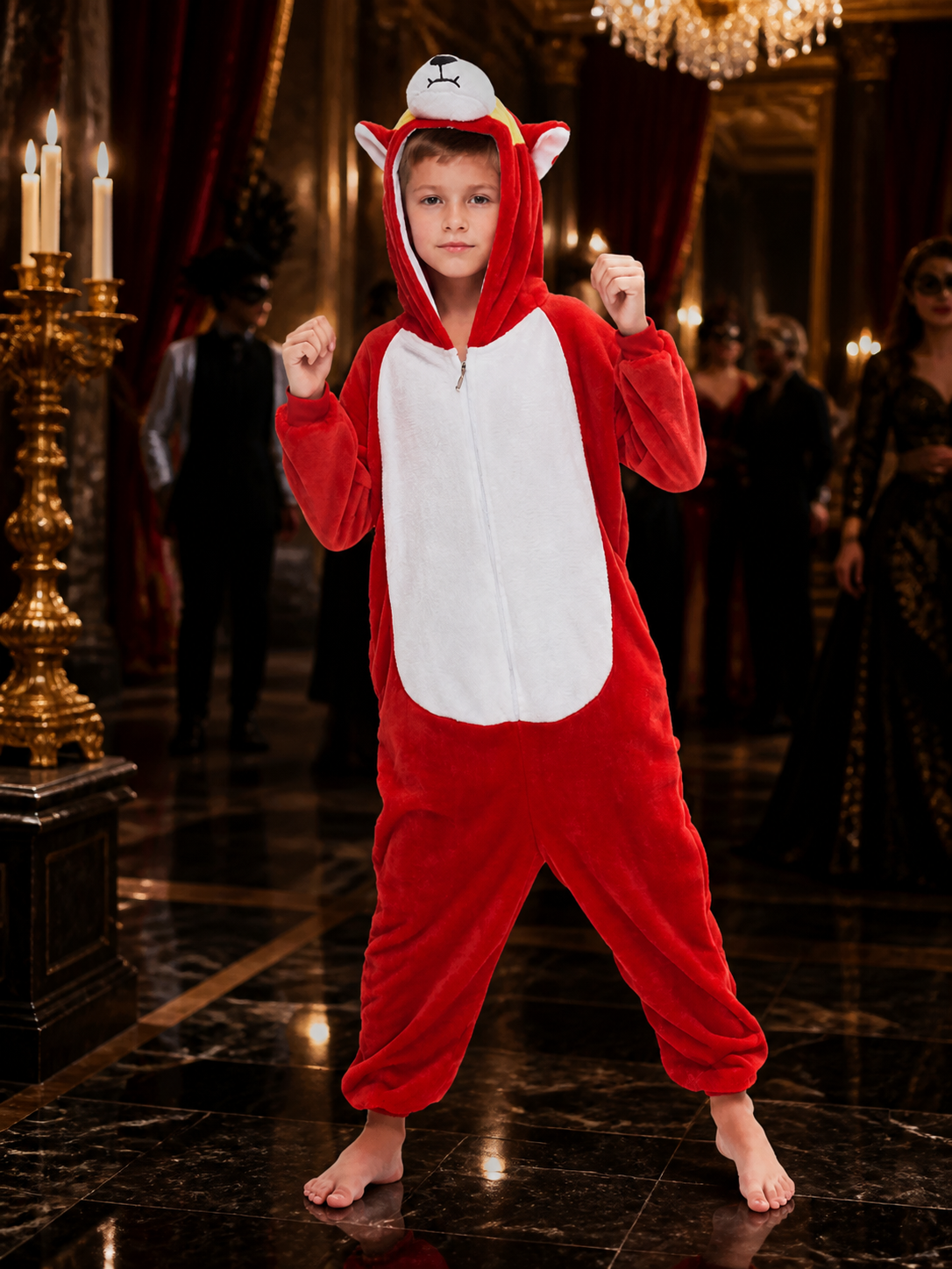 Red and White Hooded Animal Character Jumpsuit Costume Costumes detail