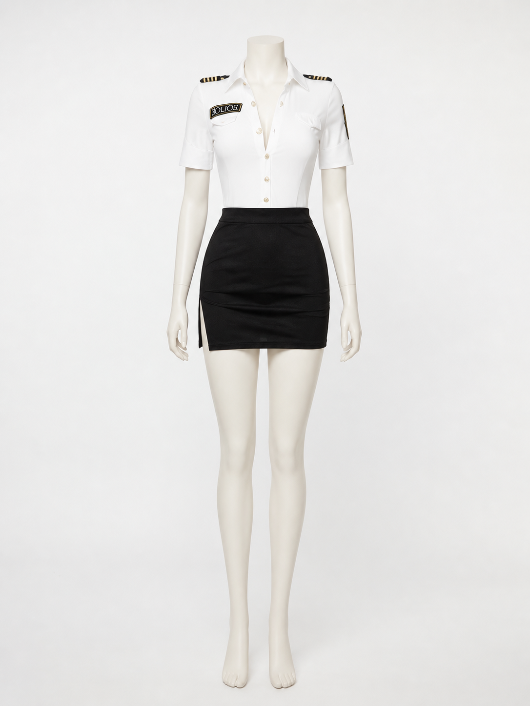 Women's Police Officer Costume Set, White Shirt with Shoulder Patches and Black Costumes detail