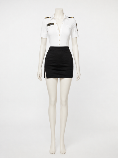 Women's Police Officer Costume Set, White Shirt with Shoulder Patches and Black Costumes detail
