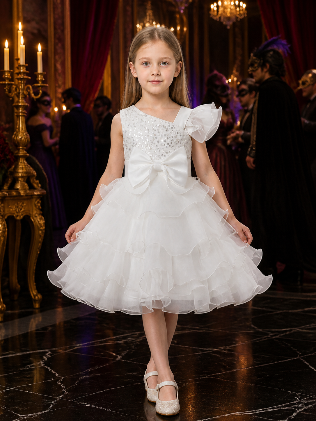 Girls' White Princess Dress with Sequins, Bow, and Layered Ruffle Skirt Costume Dresses detail