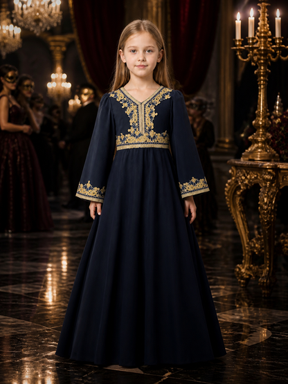 Girls' Navy Blue Princess Dress, Long Sleeve Gold Embroidered Formal Gown