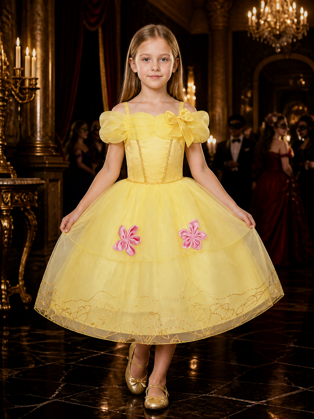Girls Princess Dress Tutu Ball Gown with Butterfly Bow & Floral Embroidery Costume Dresses detail
