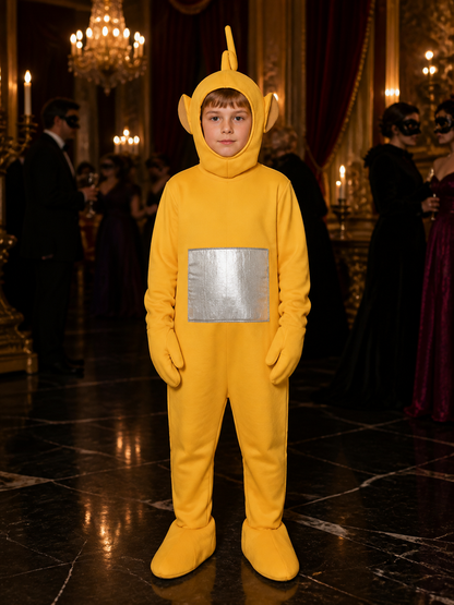 Adult Yellow Cartoon Character Footed Onesie Costume with Antenna and Silver Costumes detail