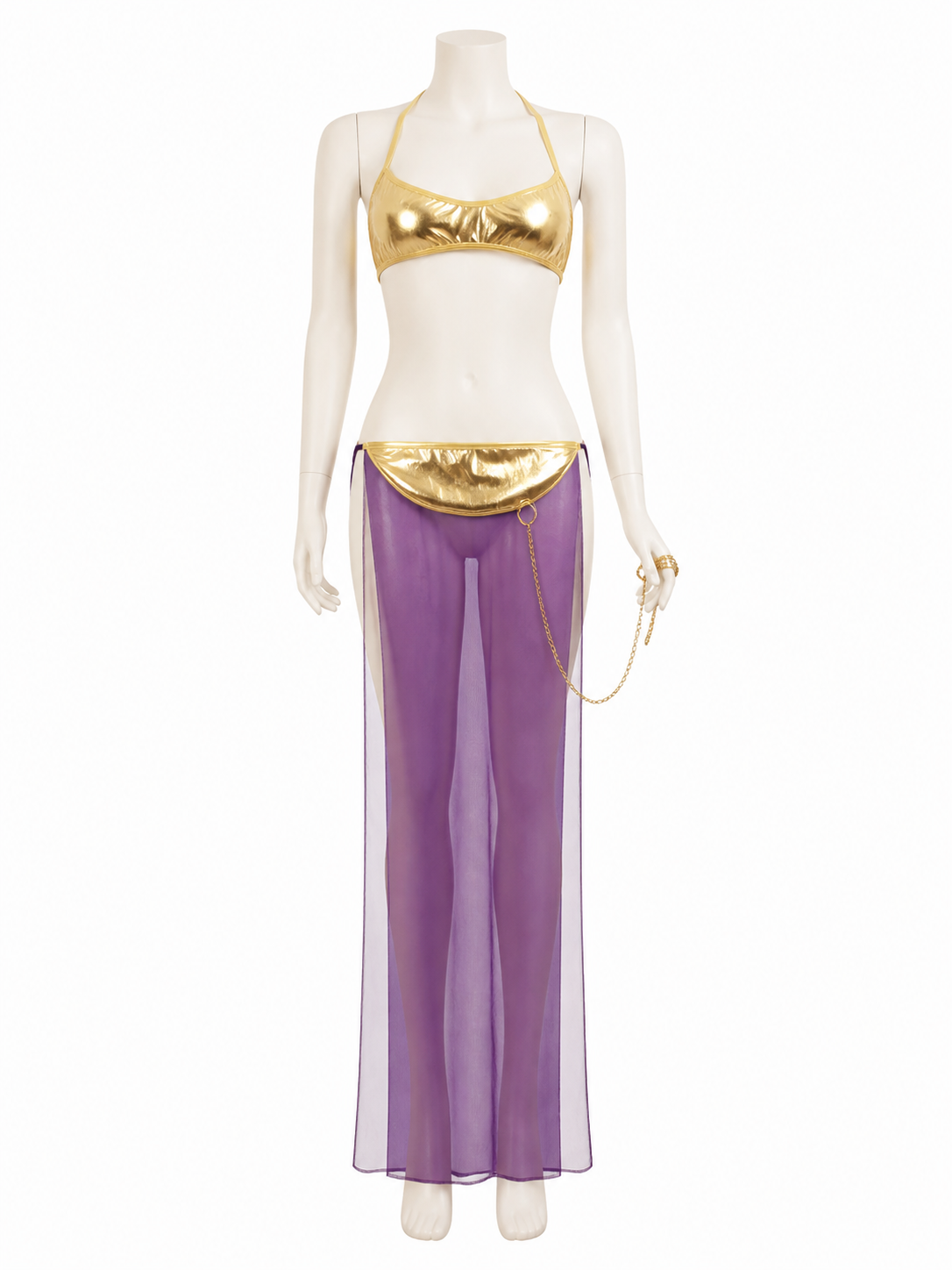Egyptian Queen Two-Piece Costume Set, Gold Crop Top, Purple Skirt With Chain Costumes detail