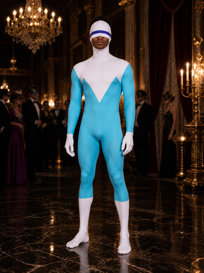 Frozone Hooded Full Body Jumpsuit Costume, Blue White Color Block for Halloween Costumes detail