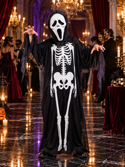 Skeleton Costume with Mask, Black Hooded Robe