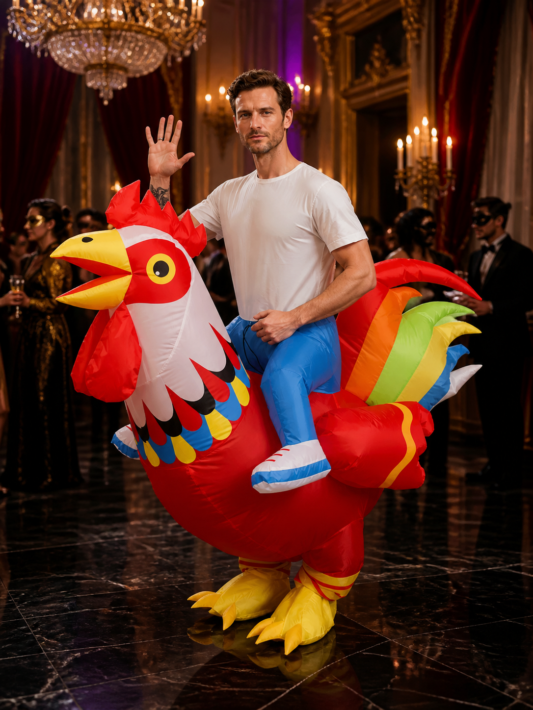 Colorful Rooster Inflatable Costume, Long Tail Chicken Halloween Party Outfit Costumes detail