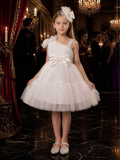 Girls' White Princess Dress Set, One-Shoulder Bow Tulle Party Outfit With Costume Dresses detail