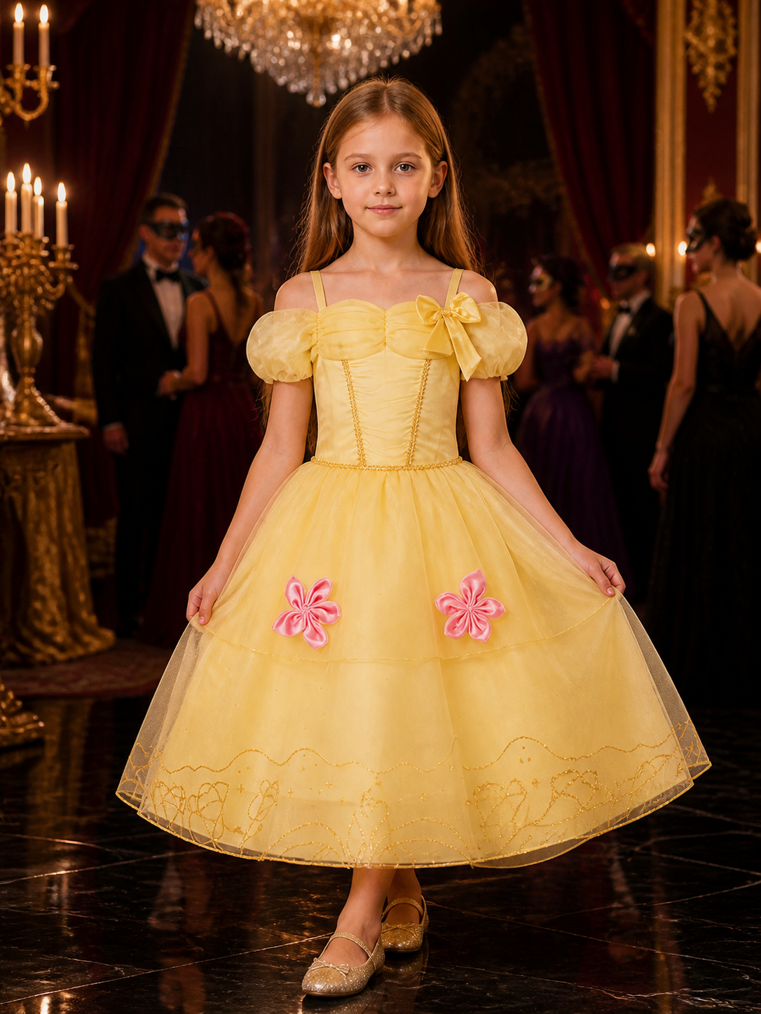 Girls Princess Costume Dress, Light Yellow Party Dress With Bow, Puff Sleeves Costume Dresses detail