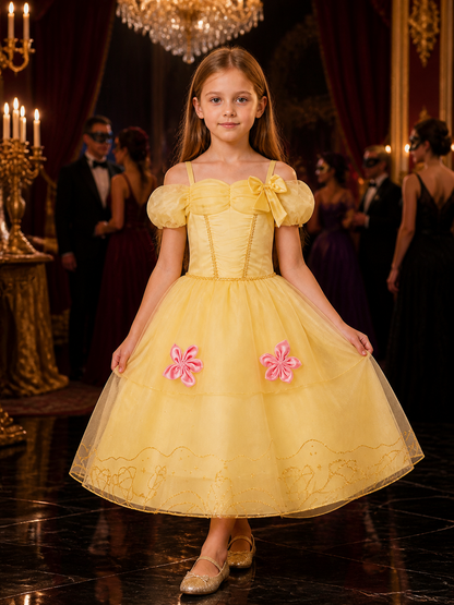 Girls Princess Costume Dress, Light Yellow Party Dress With Bow, Puff Sleeves Costume Dresses detail