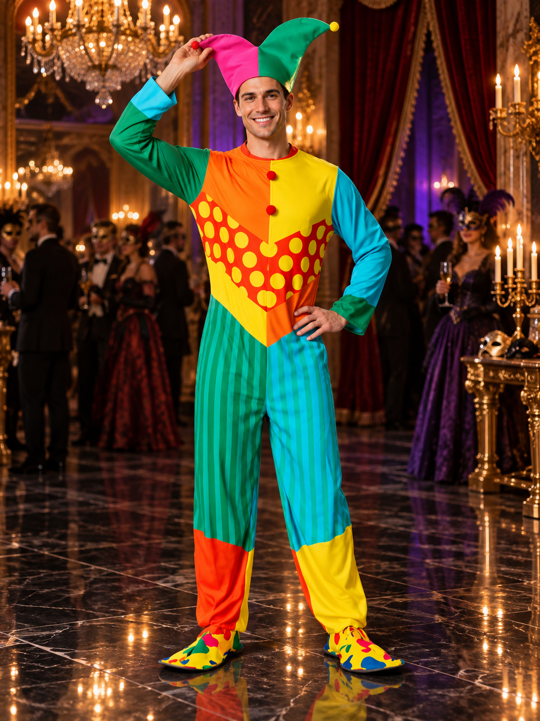 Adult Clown Costume with Pom-Poms and Bells